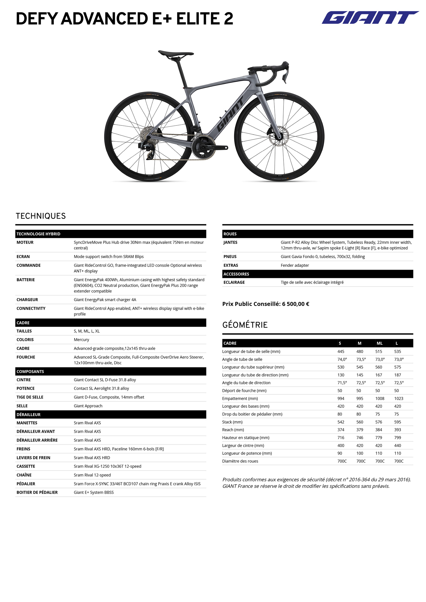 Fiche technique du velo électrique Defy Advanced E+ Elite 2 année 2026